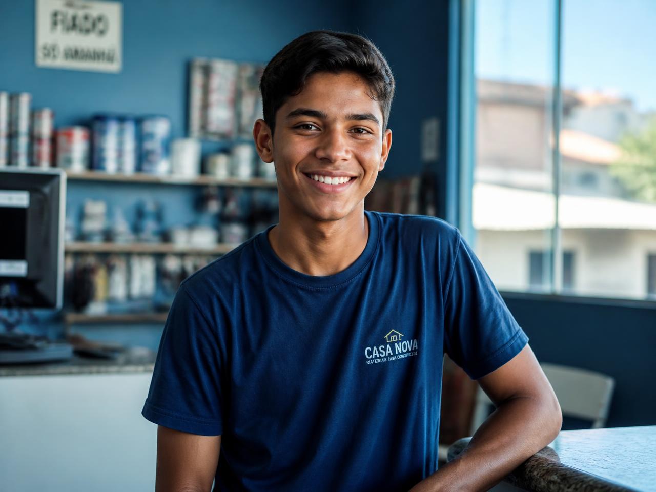 Jovem sorrindo no seu primeiro dia de trabalho em uma loja da região